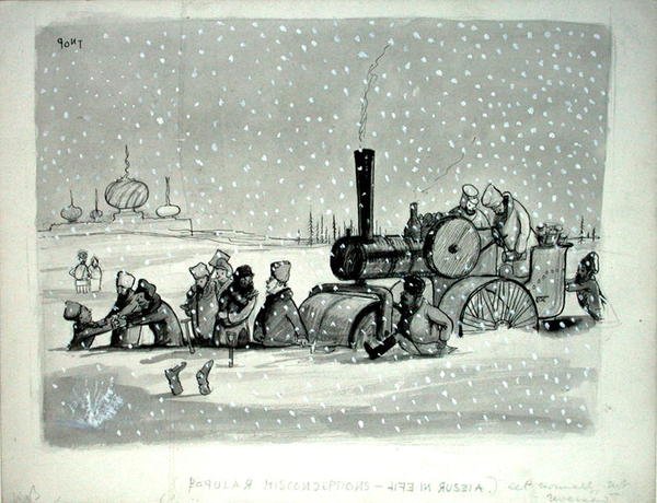 Populära missuppfattningar: Life in Russia, illustration från Punch, publicerad 27 december 1939 (penna, bläck, monokrom akvarell och kroppsfärg på papper) av Pont