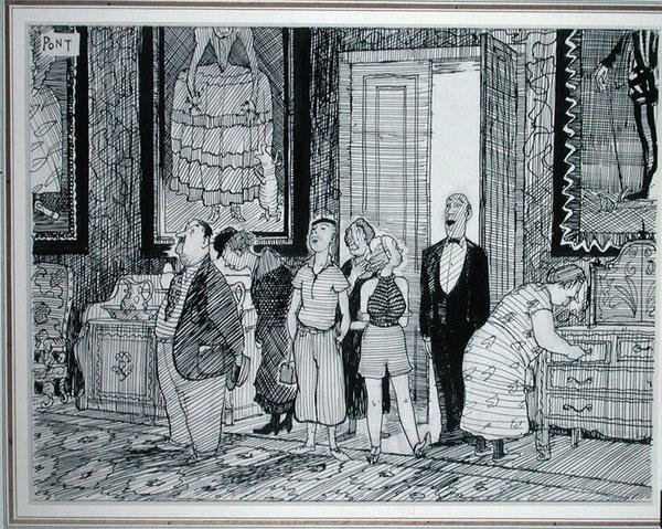 The British Character: stort intresse för historiska hus, illustration från Punch, publicerad 8 juli 1936 (penna och bläck på papper) av Pont