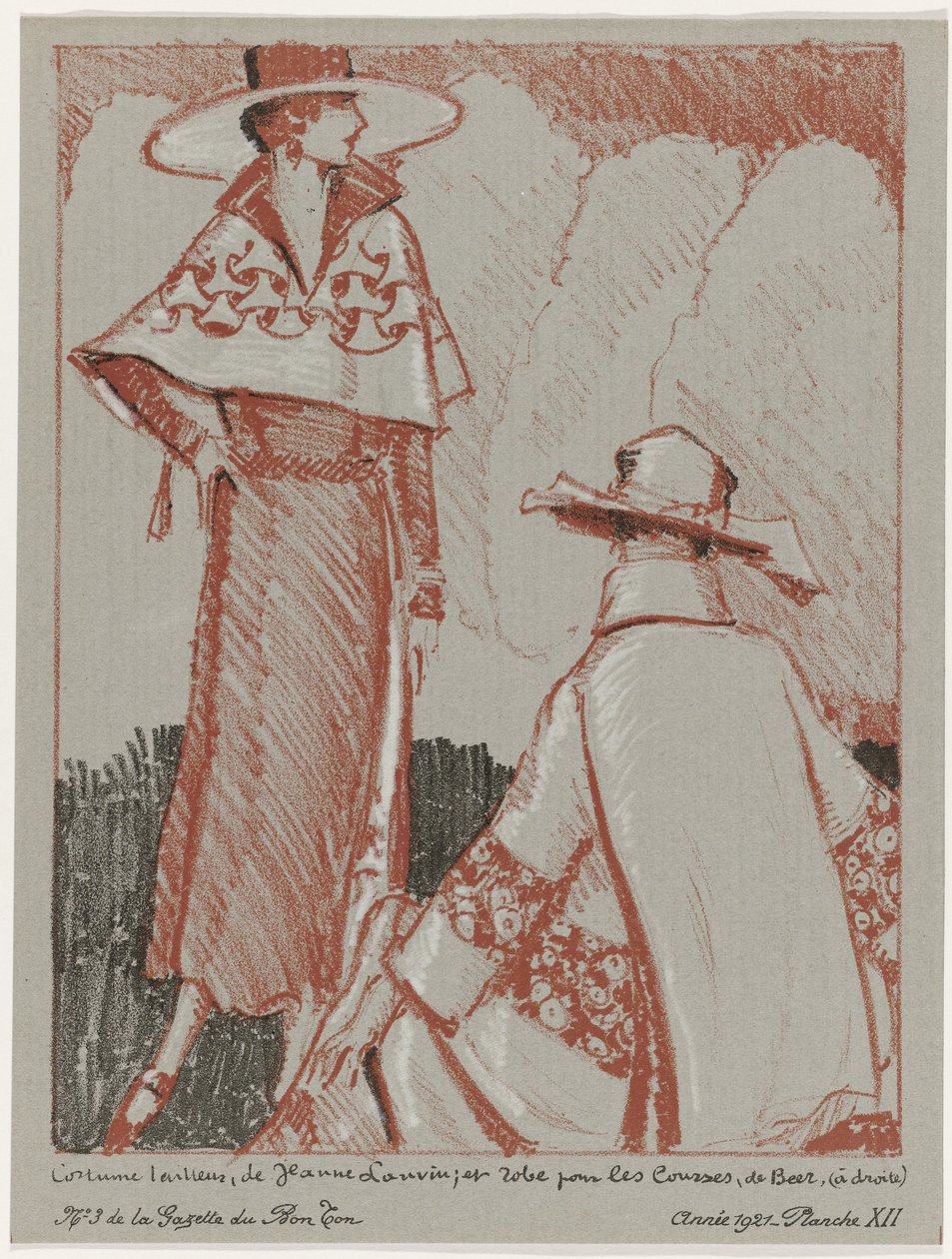 Gazette du Bon Ton, 1921 - nr 3, pl XII: Skräddarsydd kostym, av Jeanne Lanvin; och klänning för shopping, de Beer (titel på objekt) av Porter Woodruff