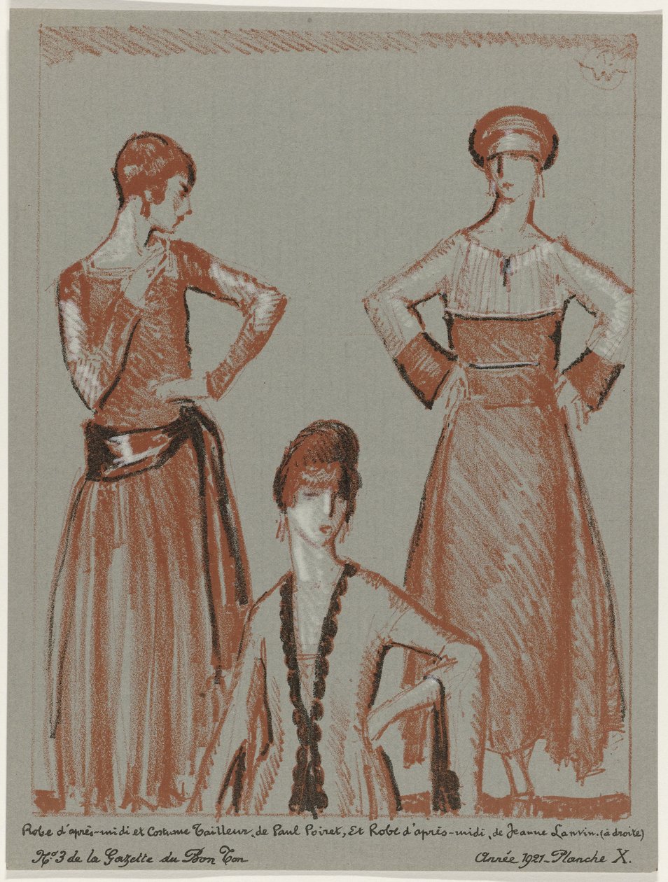 Gazette du Bon Ton, 1921 - nr 3, Pl. X: Eftermiddagsklänning och skräddarsydd kostym, av Paul Poiret, och eftermiddagsklänning, av Jeanne Lanvin (titel på objektet) av Porter Woodruff