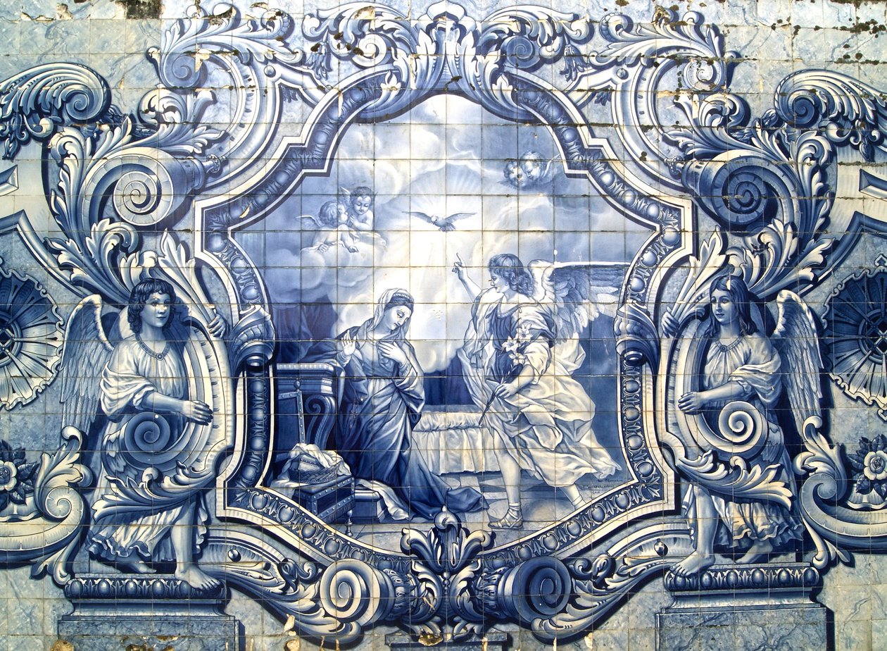 Dekorativ panel som visar bebådelsen, Lamego, Portugal. 1738 (keramiska plattor) av Portuguese School