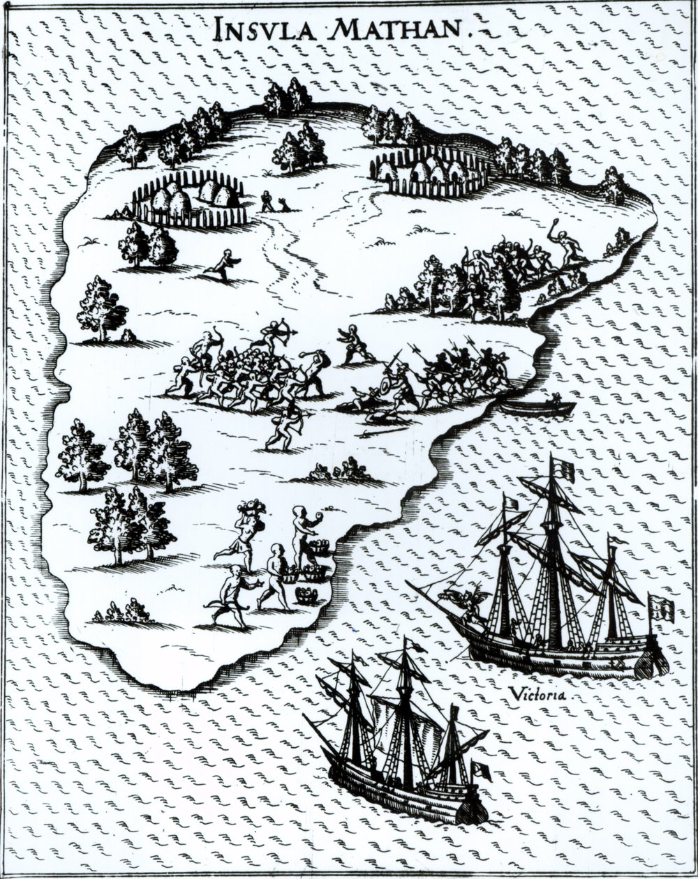 Ferdinand Magellan (c.1480-1521) Wenyeji Wanapigana kwenye Kisiwa cha Mactan mnamo 1521 swed. av Portuguese School