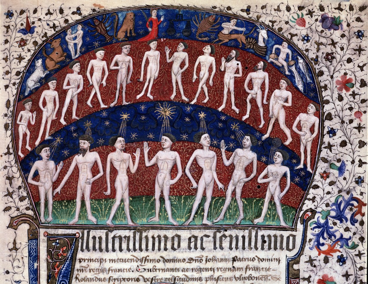 Lissabon, MS 52-XIII-18 f.1r, miniatyr som representerar överensstämmelsen mellan organen och planeterna och stjärnornas inflytande på stämningarna, från "Physionomia Rolandi Ulixbonensis", av Rolandus Scriptoris av Portuguese School