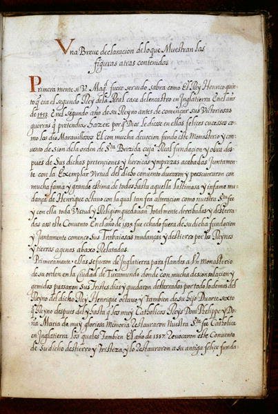 En sida ur en historia om Syon-nunnornas vandringar, sammanställd i Lissabon i början av 1600-talet (pergament). av Portuguese School