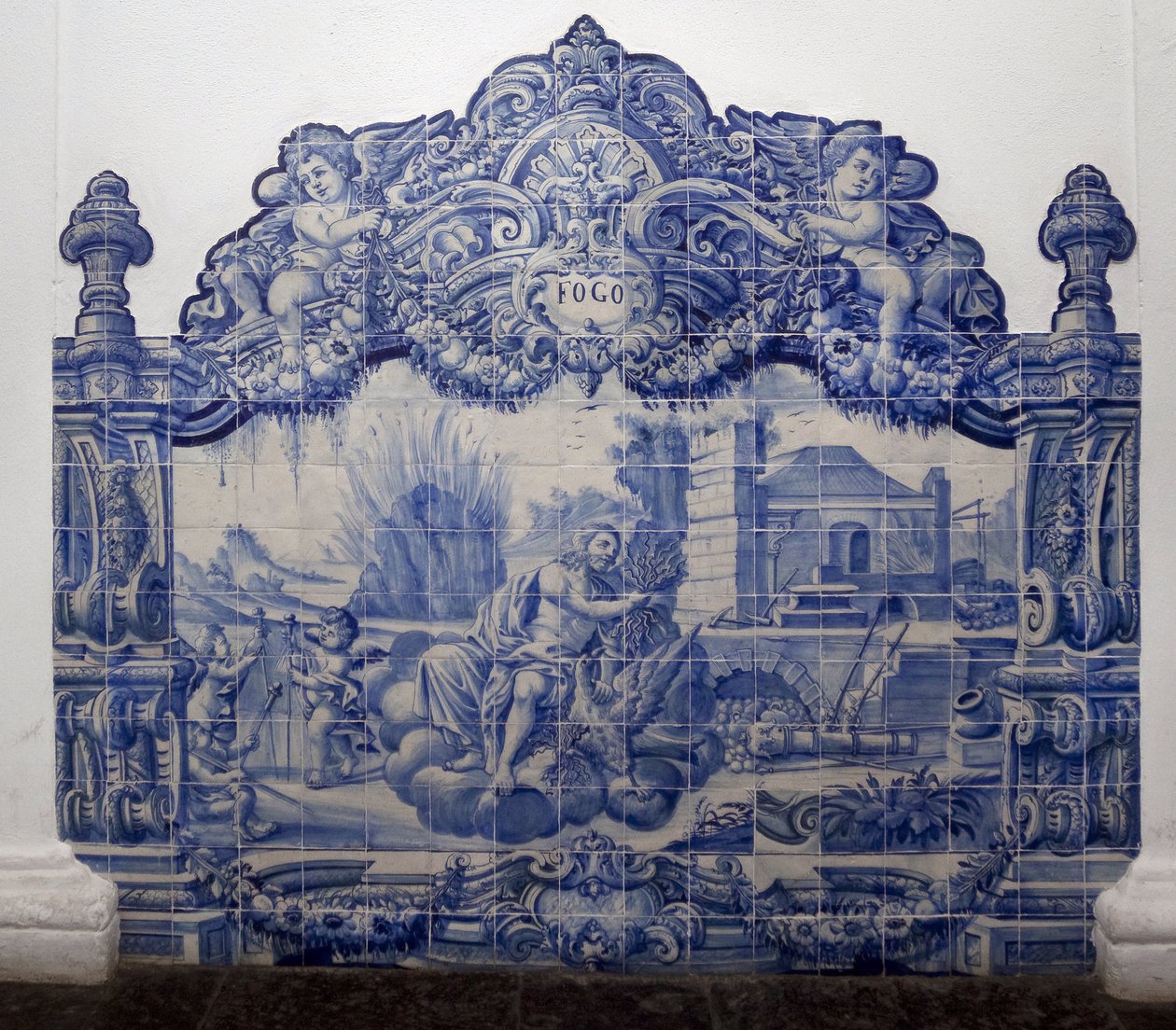 Allegory of fire - Azulejos, målat lergods av Portuguese School