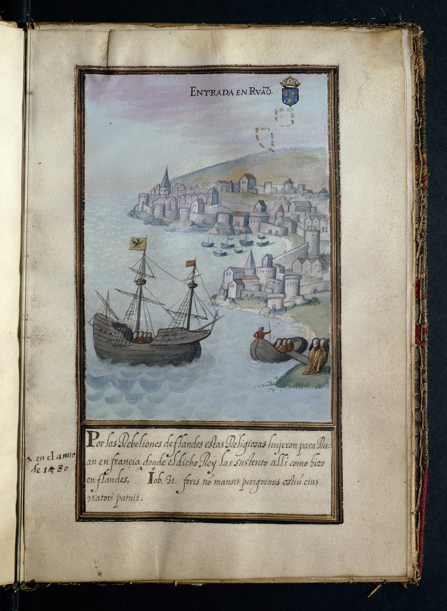 Ankomst till Rouen, från en historia om Syon-nunnornas peregrinering, sammanställd i Lissabon i början av 1600-talet av Portuguese School