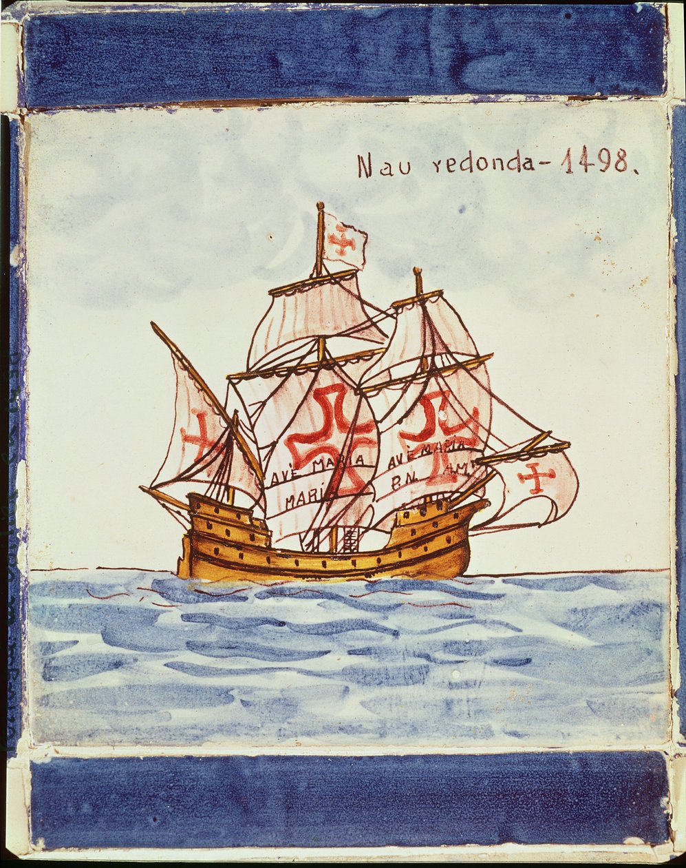 Azulejos-bricka som föreställer ett skepp, från Sagres, 1498 (keramik) av Portuguese School