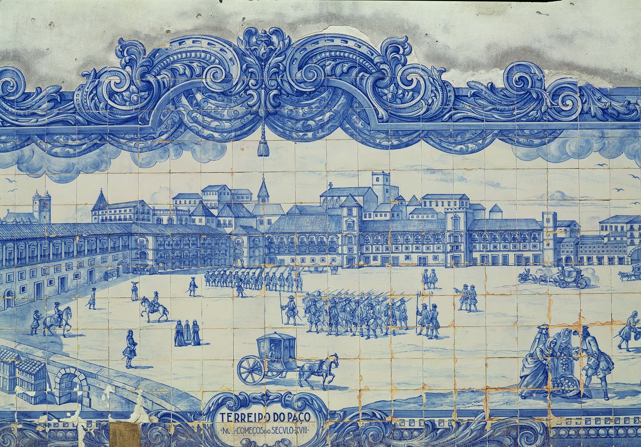 Azulejos-plattor som föreställer Praca do Comercio, Lissabon (keramik) av Portuguese School