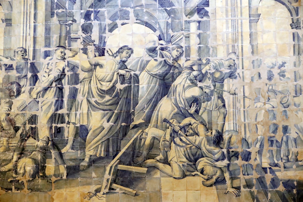 Barmhärtighetens kyrka. Azulejos. Berättelsen om rensningen av templet. Jesus. Evora. Portugal. av Portuguese School