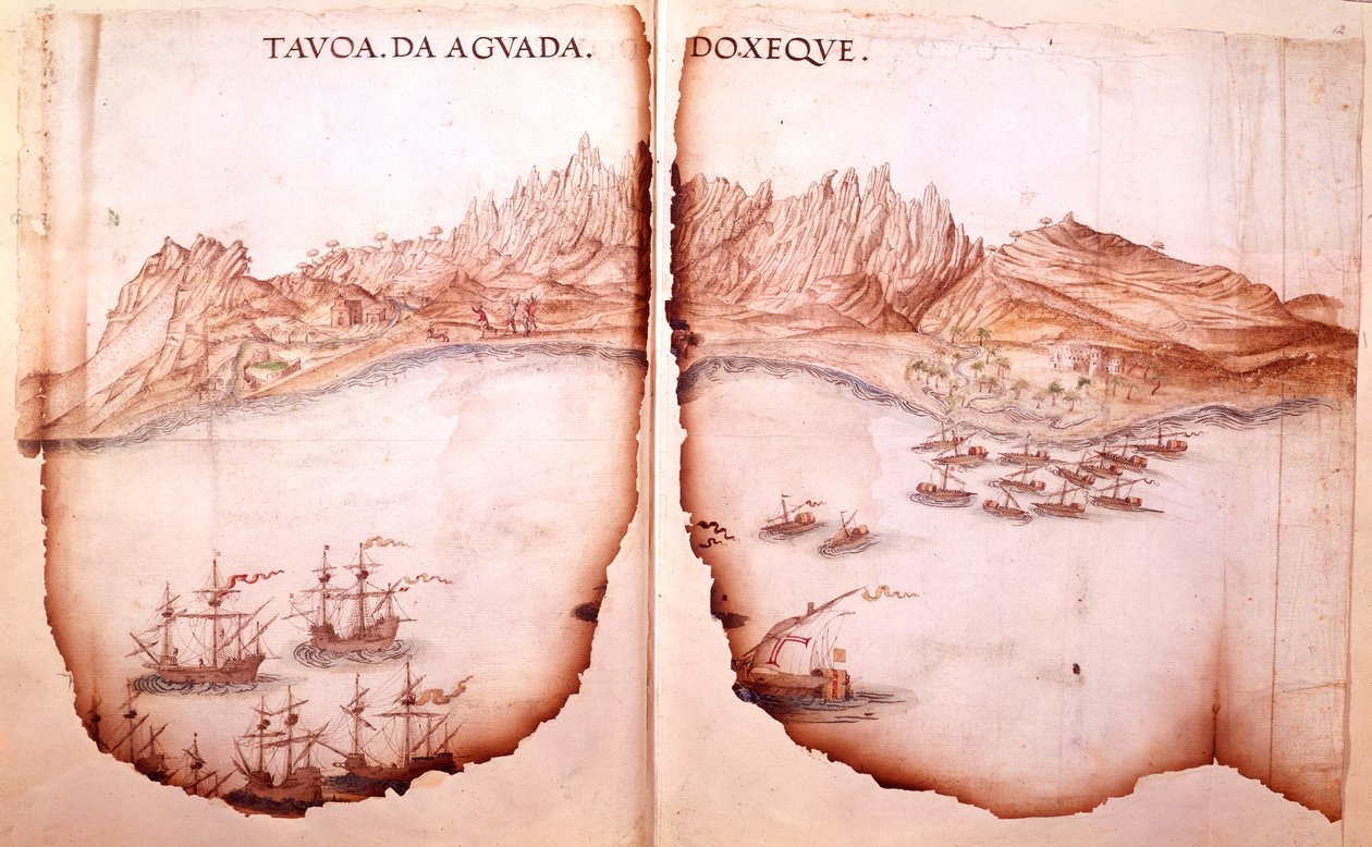 Bomull Tiberius D. IX, ff.11v-12 Vy över Aguada, illustration från 