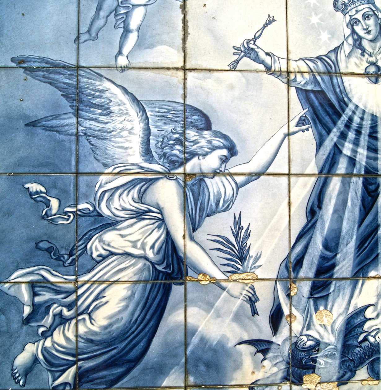 Dekorativ panel som visar ärkeängeln Gabriel och Jungfru Maria som krossar en bevingad orm, Lamego, Portugal. 1738 av Portuguese School