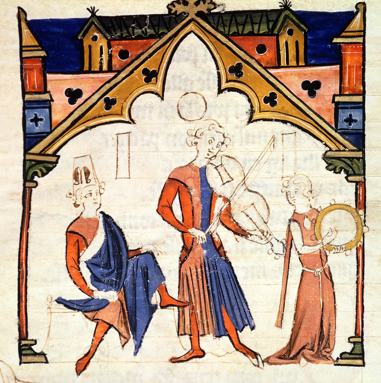 Fol.6r Musicians Playing a Viola and a Tambourine, från Chansonnier des Nobles av Portuguese School