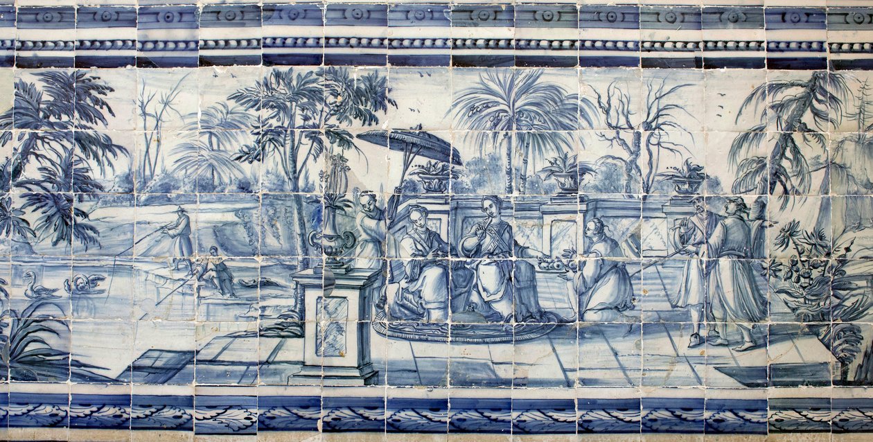 Fruktprovning nära en sjö i Asien - Azulejos, målad fajans av Portuguese School