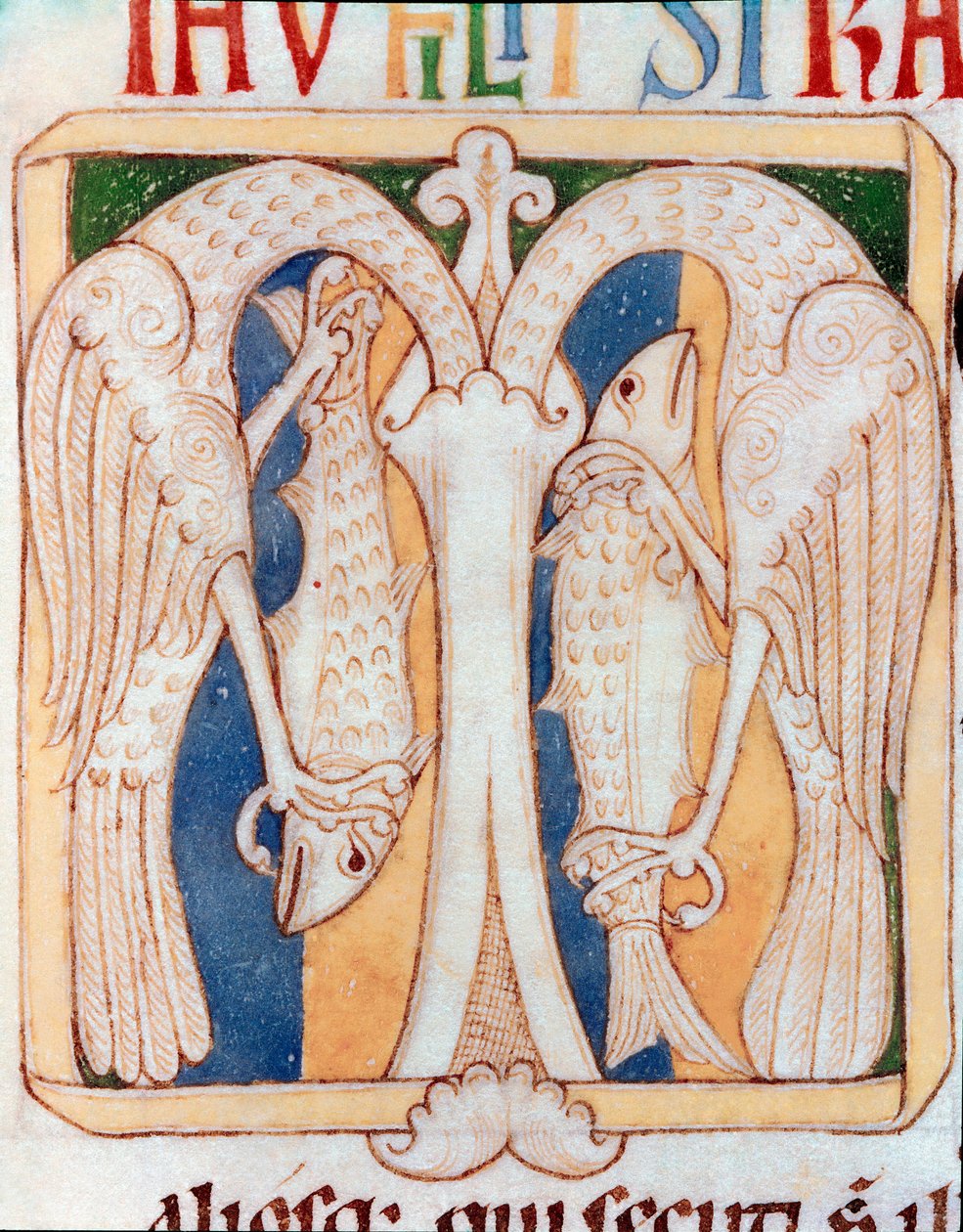 Brevpappersdekoratör av hägrar och fiskar. Miniatyr från manuskriptet "" Testamentum Vetus"" från Sancta Cruz de Coimbra. 1100-talet. Porto, kommunalt bibliotek av Portuguese School