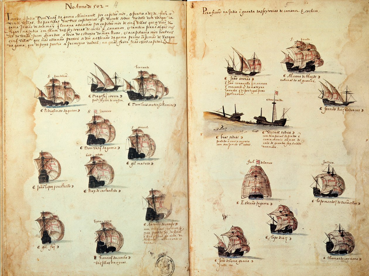 Manuskriptsida "" Minnesmärken över Portugals armadas under kung Manuel I (1469-1521)"" som representerar de portugisiska flottorna. 1533 B.N. Paris av Portuguese School