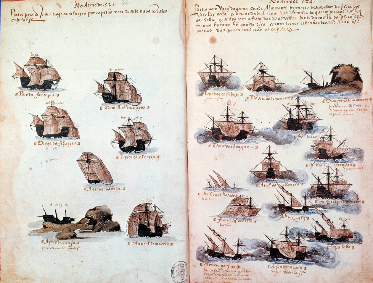 Manuskriptsida "" Minnesmärken över Portugals armadas under kung Manuel I (1469-1521)"" som representerar de portugisiska flottorna. 1523 B.N. Paris av Portuguese School