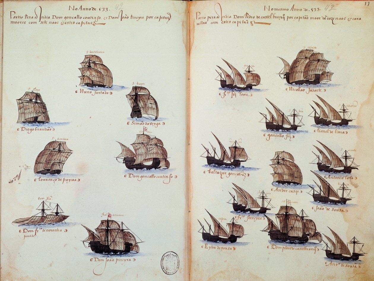 Manuskriptsida "" Minnesmärken över Portugals armadas under kung Manuel I (1469-1521)"" som representerar de portugisiska flottorna av Portuguese School