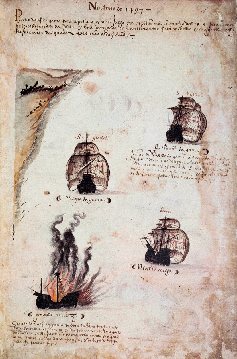 Manuskriptsida "" Memorials of the armadas of Portugal under King Manuel I (1469-1521)"" representerande de portugisiska flottorna av året 1497. 1523 f.Kr. Paris av Portuguese School