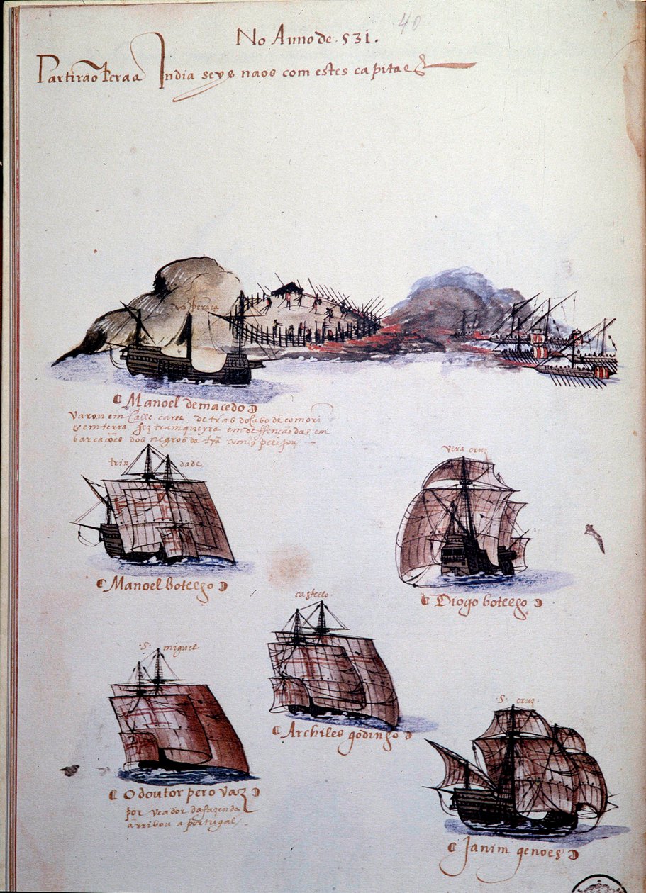 Manuskriptsida "" Minnen från Portugals armadas under kung Manuel I (1469-1521)" som representerar de portugisiska flottorna av året 1497. 1500 Lissabon, Nationalmuseet för antik konst av Portuguese School