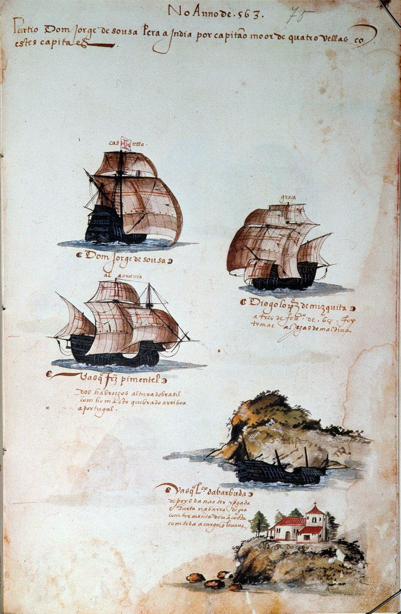 Manuskriptsida "" Minnen från Portugals armadas under kung Manuel I (1469-1521)" som representerar årets portugisiska flottor 1497. 1500 Lissabon, Nationalmuseet för antik konst av Portuguese School