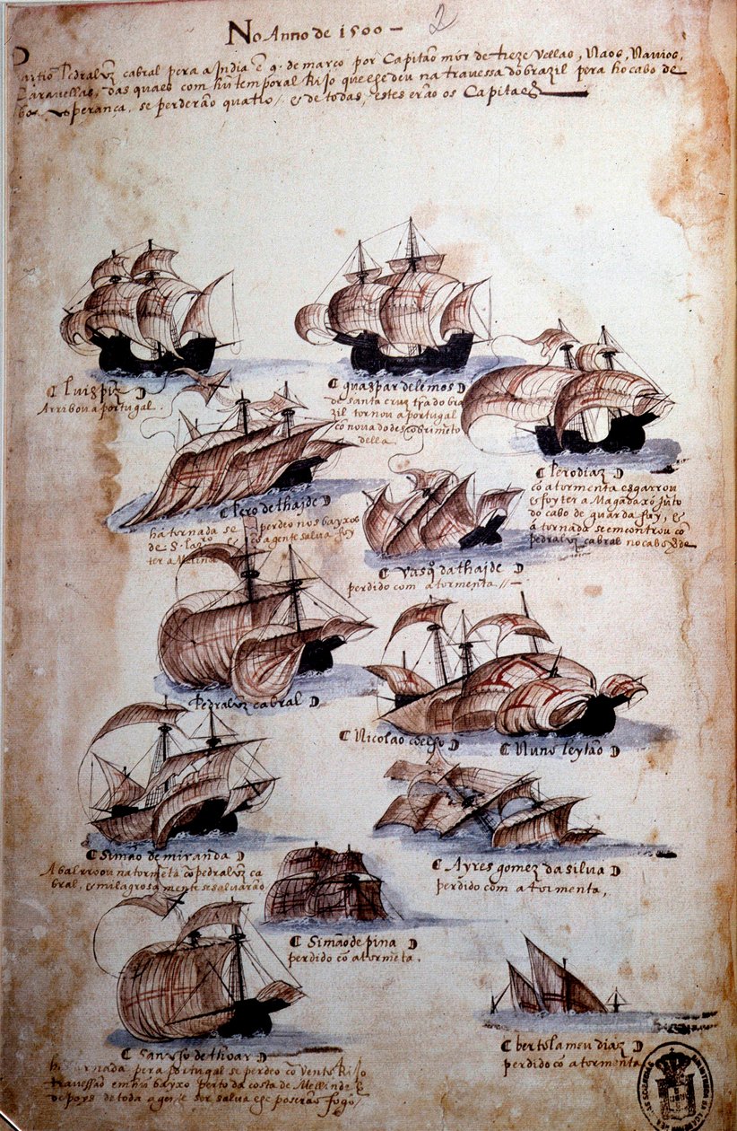 Manuskriptsida "" Minnen från Portugals armadas under kung Manuel I (1469-1521)" som representerar årets portugisiska flottor 1497. 1500 Lissabon, Nationalmuseet för antik konst av Portuguese School
