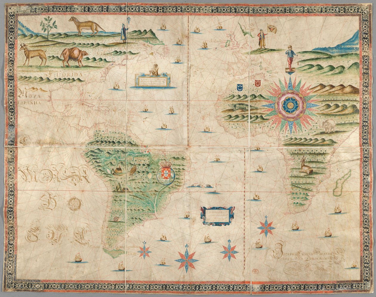 Karta över Västeuropa, Afrika och Amerika, med teckningar av berg, djur etc. Joseph da Costa e Miranda av Portuguese School