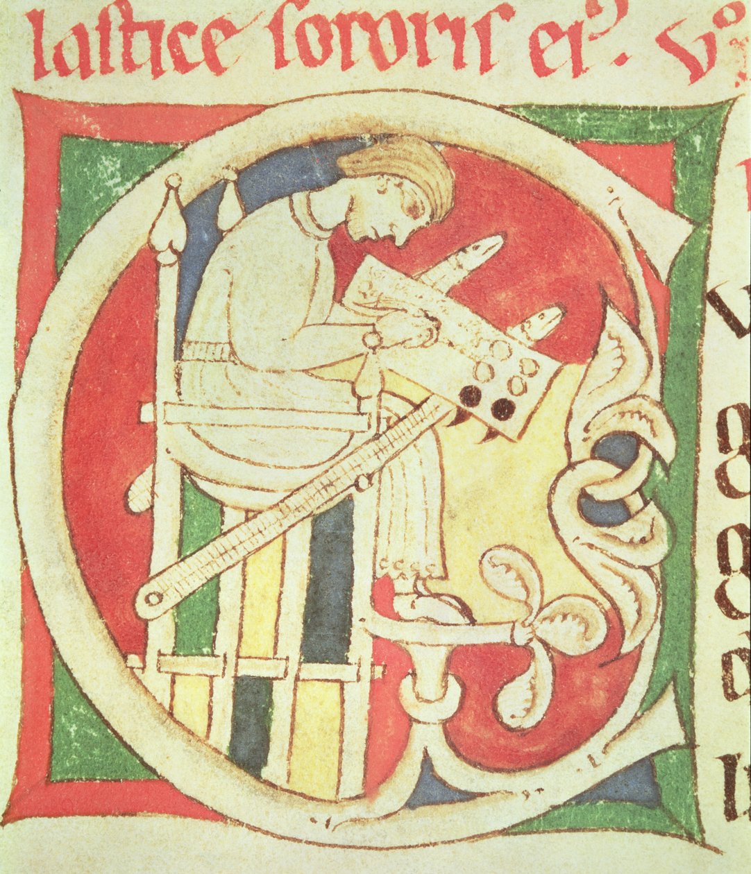 Ms 22 fol.139r Historikert initial C föreställande en munk som skriver, från Vitae Sanctorum, Santa Cruz de Coimbra av Portuguese School