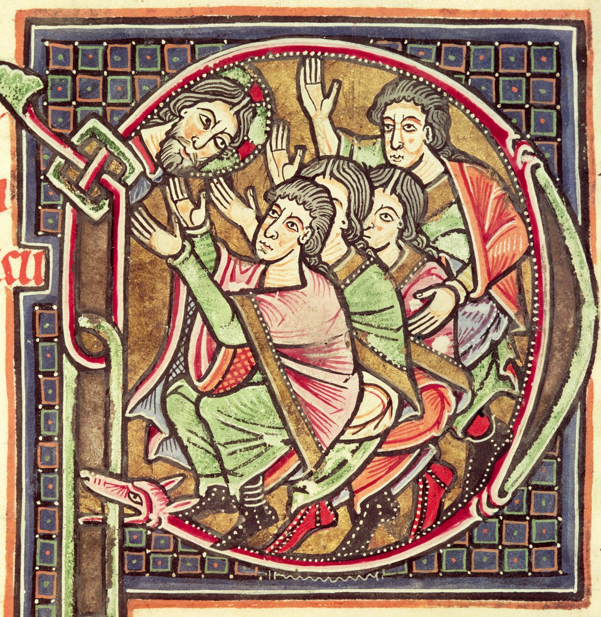 Ms 3088 fol.137r Historikert initial P som visar Joshuas död, från en bibel, 1100-1200-talet av Portuguese School