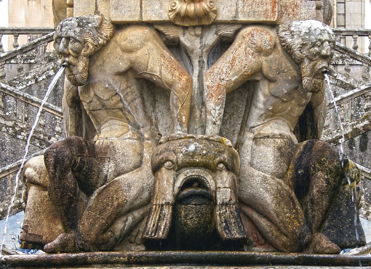 Mytiska Atlantes vid foten av en obelisk, Lamego, Portugal. 1738 (granit) av Portuguese School