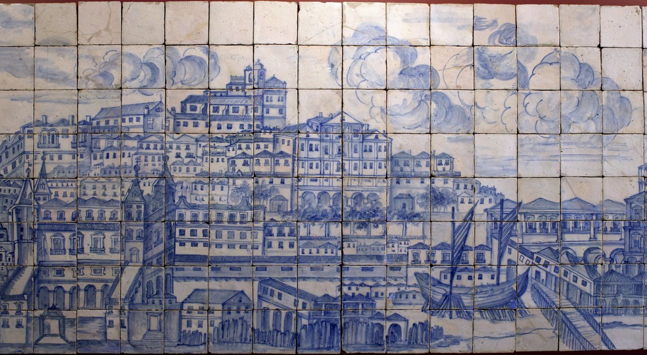 Panoramautsikt över Lissabon, före jordbävningen 1755 - Azulejos början av 1700-talet, panelvarning för det tidigare palatset för grevarna av Tentugal, Lissabon (Stora Lissabon-panorama före jordbävningen 1755, fajans tidigt 1700-tal, antikt palats av Portuguese School