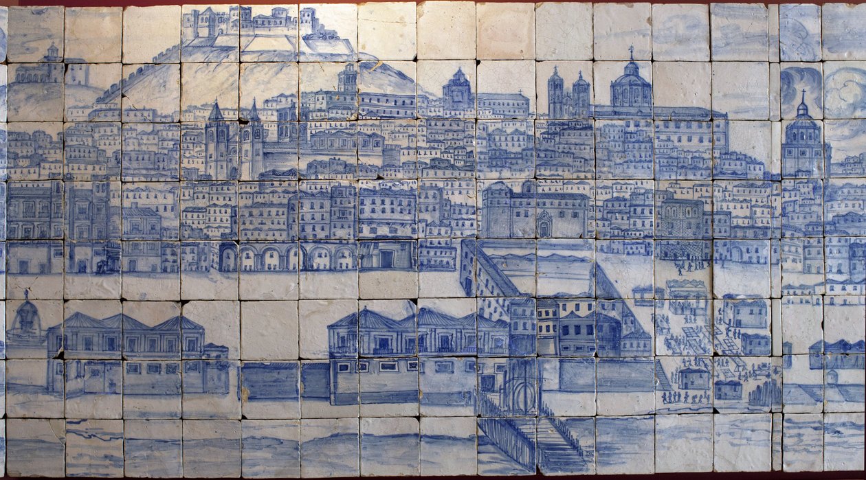 Panoramautsikt över Lissabon, före jordbävningen 1755 - Azulejos början av 1700-talet, panelvarning för det tidigare palatset för grevarna av Tentugal, Lissabon (Stora Lissabon-panorama före jordbävningen 1755, fajans tidigt 1700-tal, antikt palats av Portuguese School