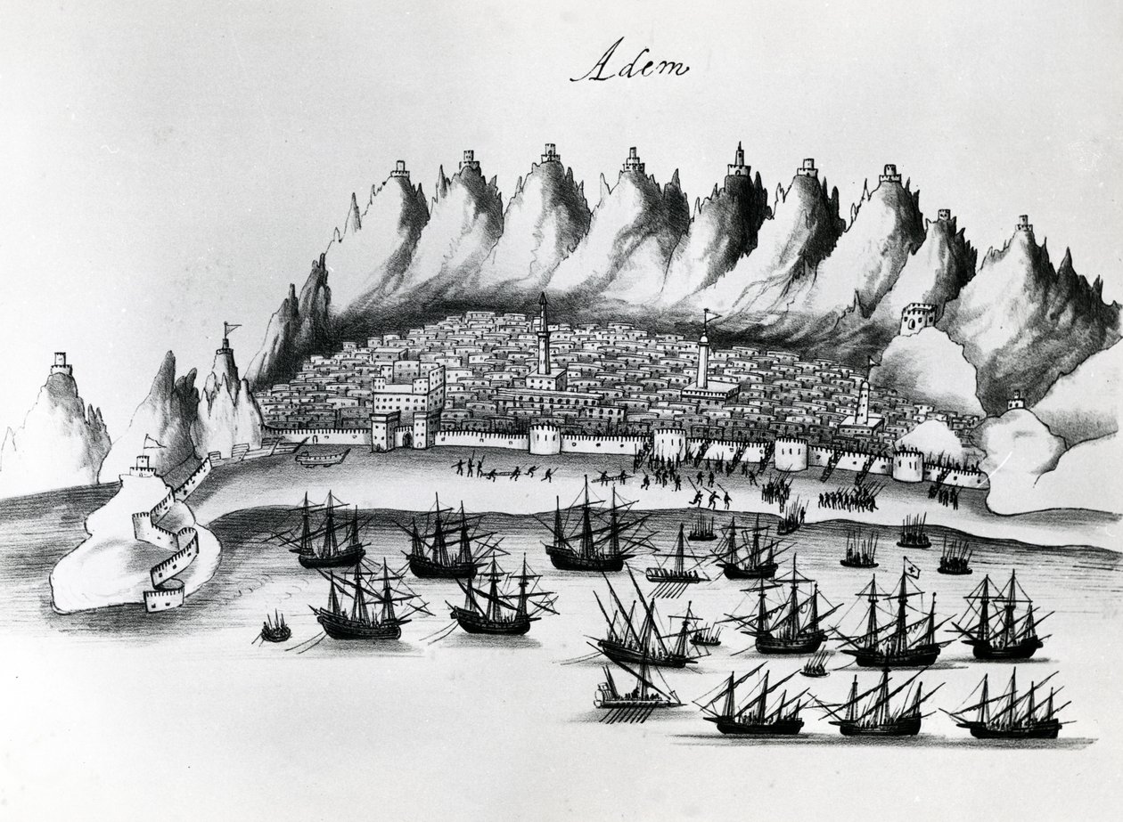Portugisiskt anfall på Aden, illustration från Legends of India av Gaspar Correia, ca 1858 av Portuguese School
