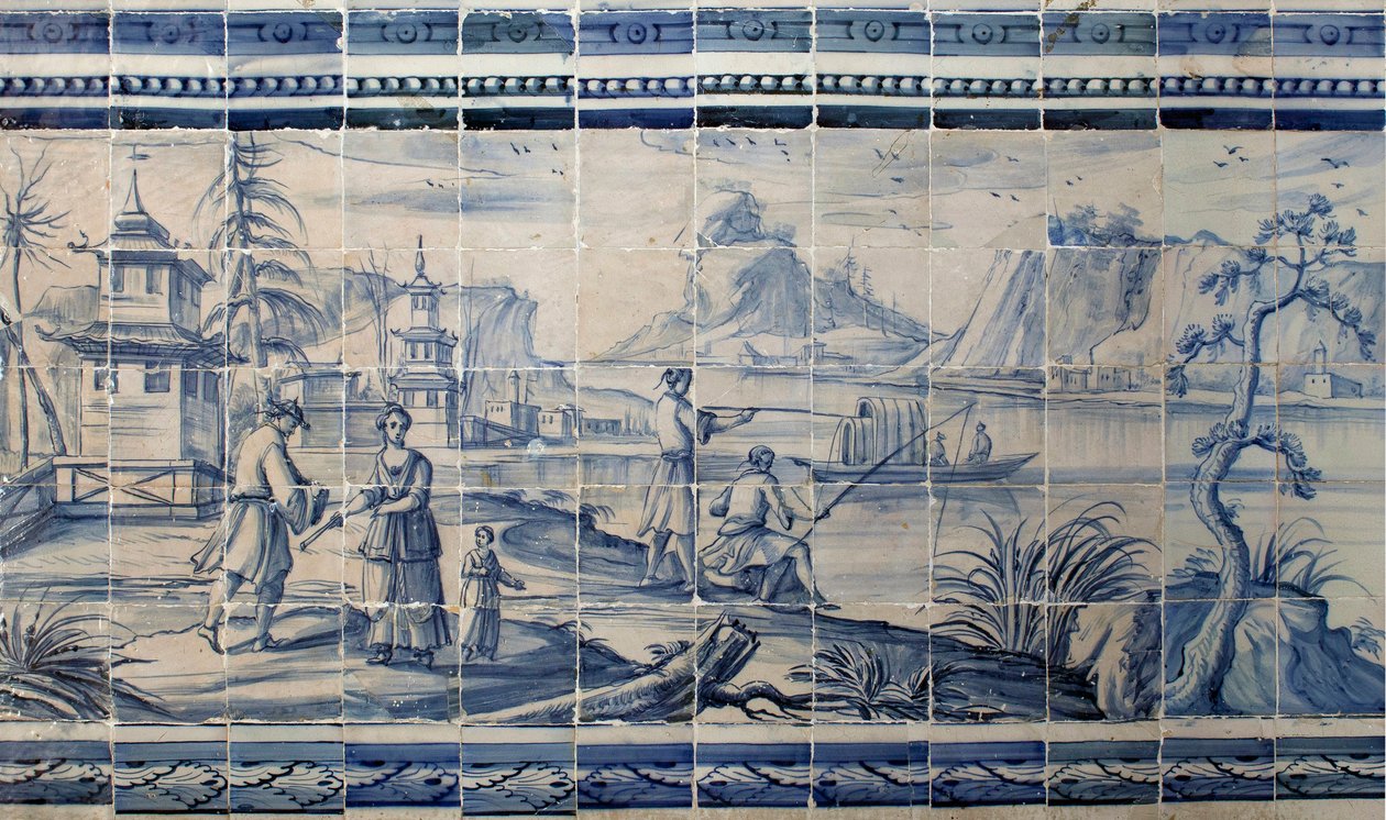 Scen på stranden av en sjö i Asien - Azulejos, målad fajans av Portuguese School