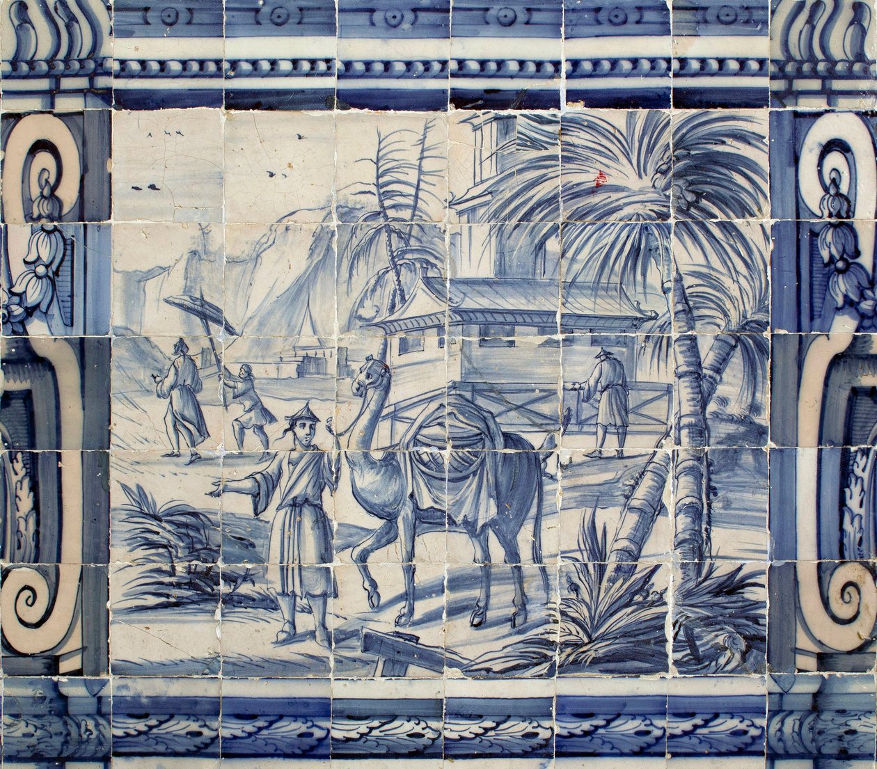 Scen med en kamel i Asien - Azulejos, målad fajans av Portuguese School
