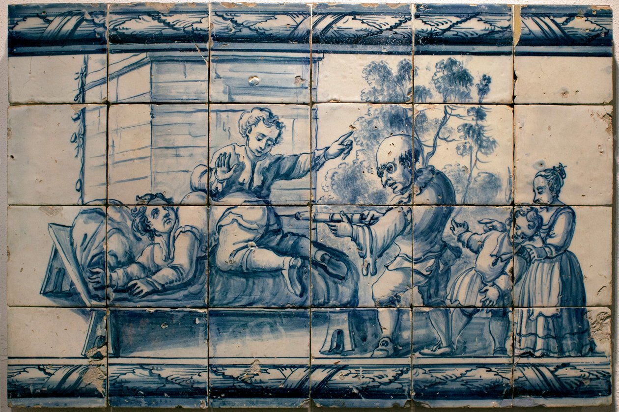 Läkaren gör ett lavemang till en patient - Satirisk panel av Lissabon, första halvan av 1700-talet (Läkare - Satirisk panel, första halvan av 1700-talet) - Musee national des azulejos, Lissabon (Portugal) av Portuguese School