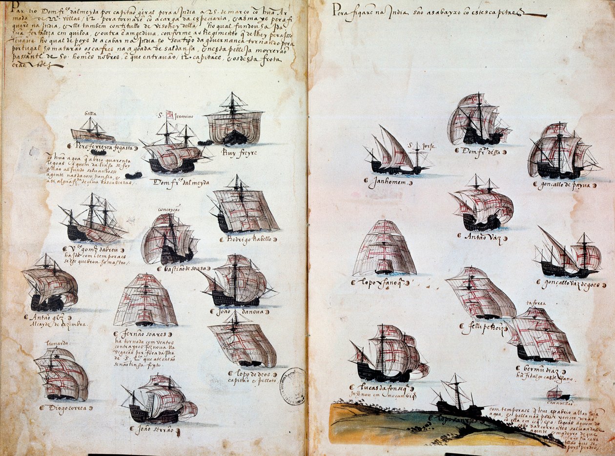 Krigsskepp. Minnen från Portugals armadas under kung Manuel I (1469 - 1521). Manuskript från 1505. Paris. BN av Portuguese School