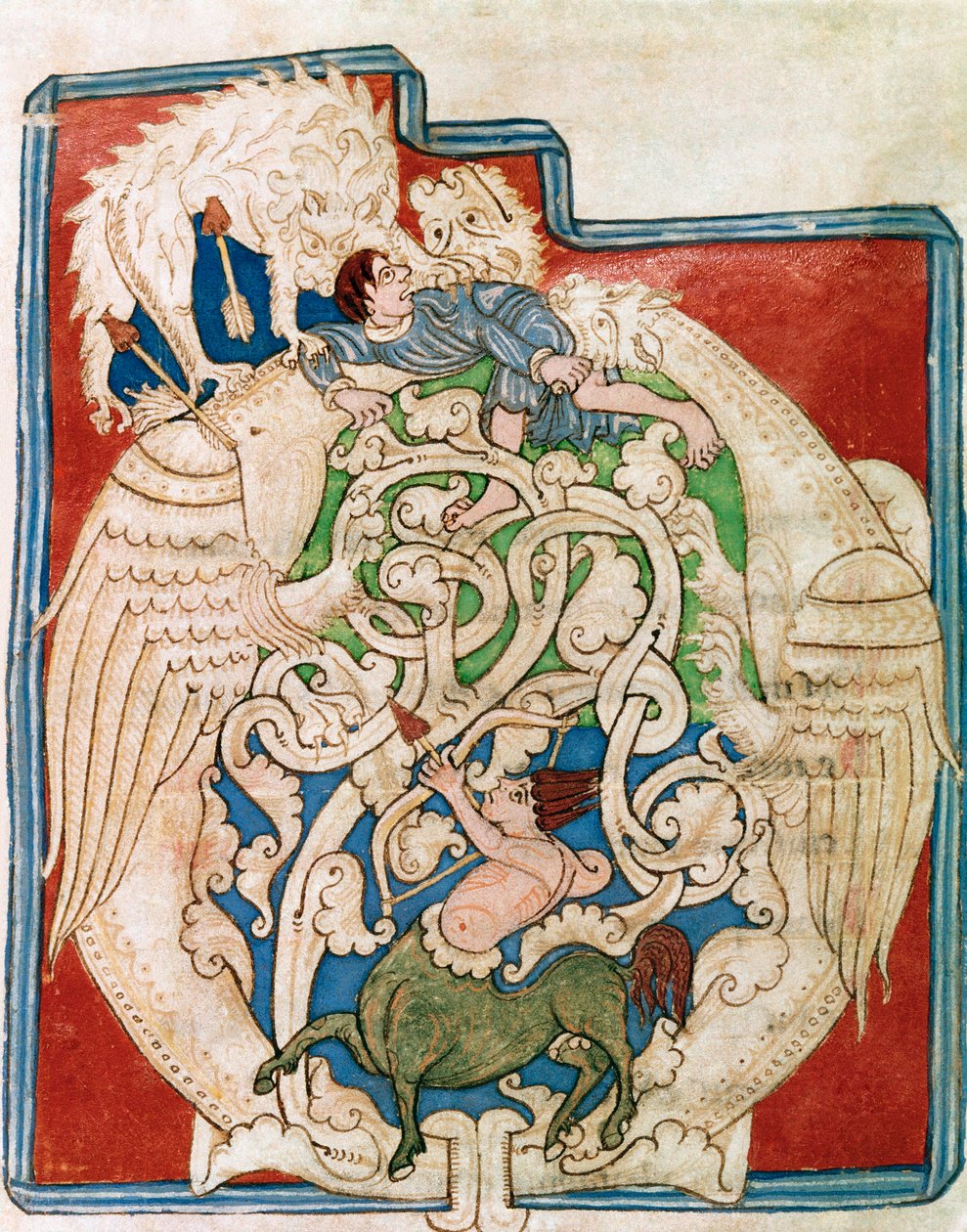 Omslag O med representation av en jaktkentaur. Miniatyr hämtad från "" Det gamla testamentet"" (Testamentum vetus) Från Sancta Cruz de Coimbra. 1100-talet. Porto, kommunala biblioteket av Portuguese School