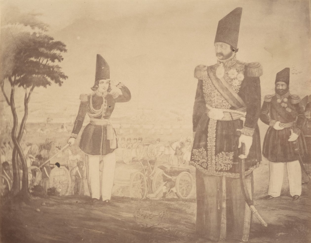 [En persisk revy i en målning som en gång tillhörde Ardeshir Mirza, kungens farbror.], 1840-60-tal. av Possibly by Luigi Pesce.