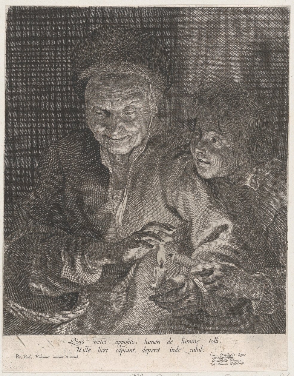 Gammal kvinna och en pojke med ljus, ca. 1620-30., ca. 1620-30. av Possibly by Paulus Pontius.