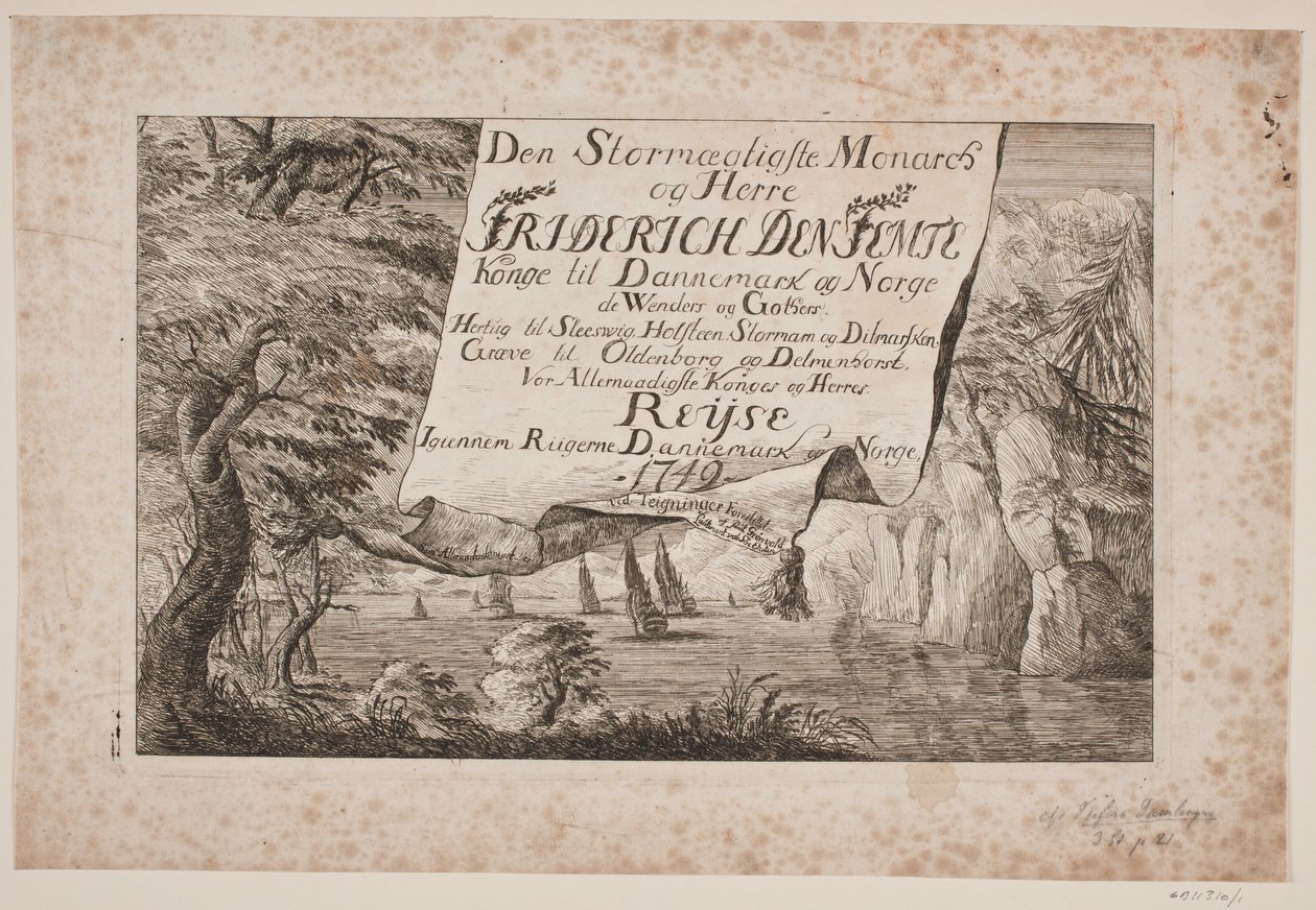 Titelsida till kung Frederik V:s resa genom Danmark och Norge 1749 av Poul Isac Grønvold