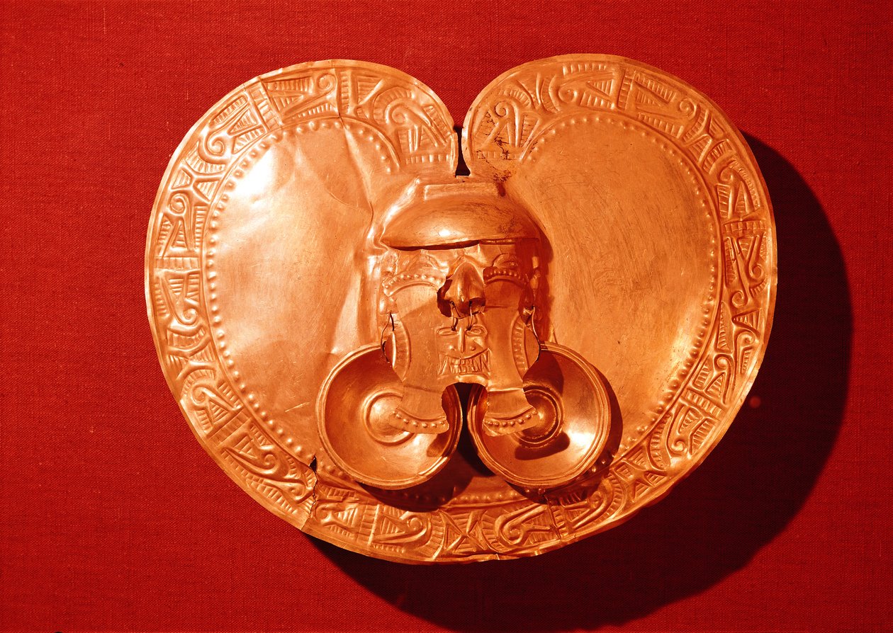 Pectoral med ett mänskligt ansikte, från Campohermosa, Tolima, tidig Calima-stil, 600-500-talet f.Kr. (guld) av Pre Columbian