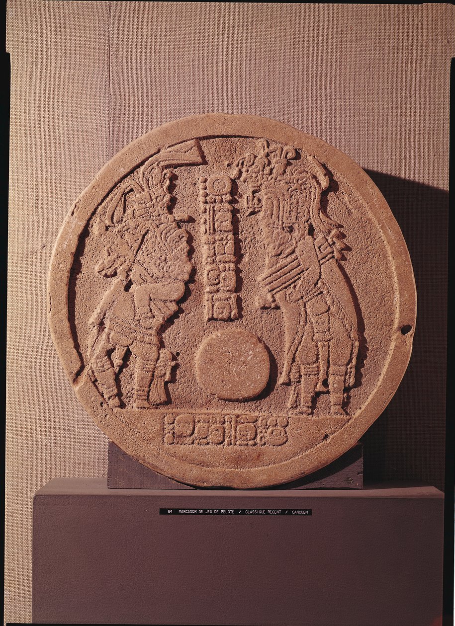 Pelotemarkör föreställande två spelare, Mayan, från Guatemala, 600-950 av Pre Columbian