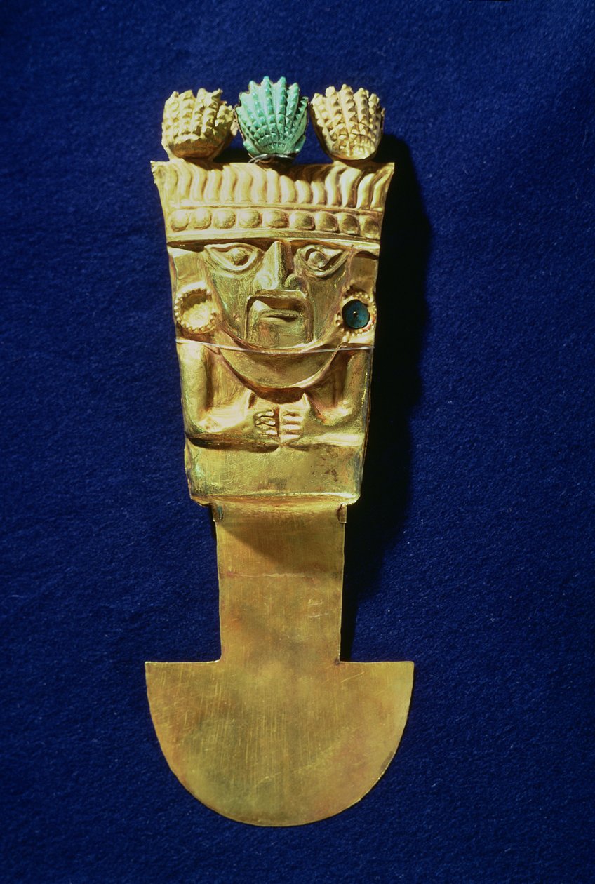 Tumi eller ceremoniell kniv i form av Naylamp, Chimu (guld) av Pre Columbian