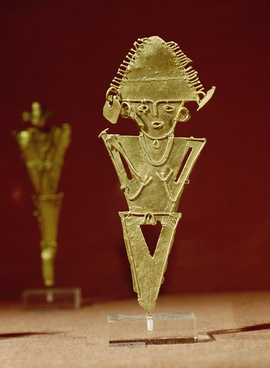 Antropomorf figur av en krigare, från Tabio, Cundinamarca, Muisca-kulturen, 1100-1500 (guld) av Pre Columbian