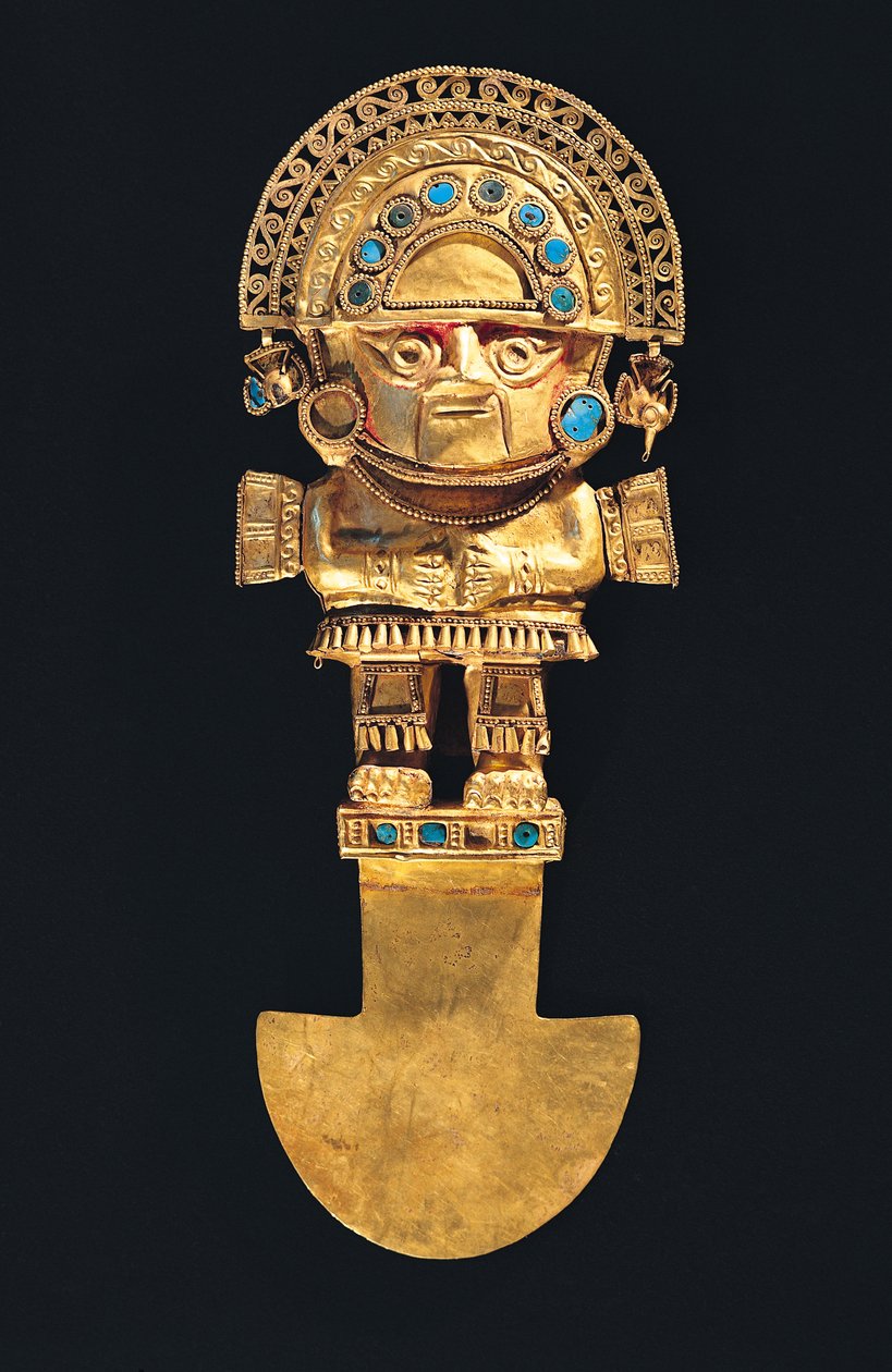 Tumi eller ceremoniell kniv i form av Naylamp, Chimu (guld och halvädelstenar) av Pre Columbian