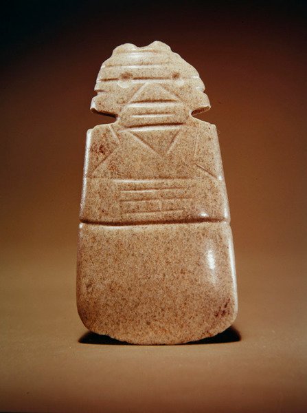 Antropomorf yxgud, från Guacimo, Linea Vieja-området (fläckig mellangrön jade) av Pre Columbian Pre Columbian