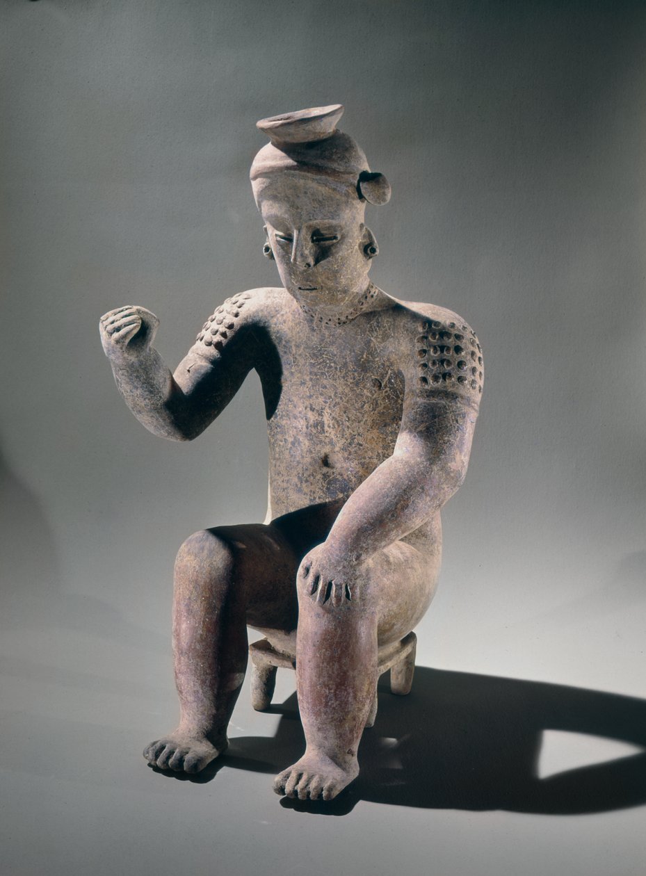 Bildburk som visar en man sittande på en liten pall, Colima-stil (keramik) av Pre Columbian Pre Columbian