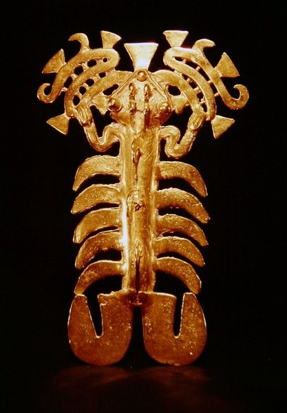 Hänge som representerar ett mytologiskt djur, från Puerto Jimenez, Osa Peninsula, Costa Rica (guld) av Pre Columbian Pre Columbian