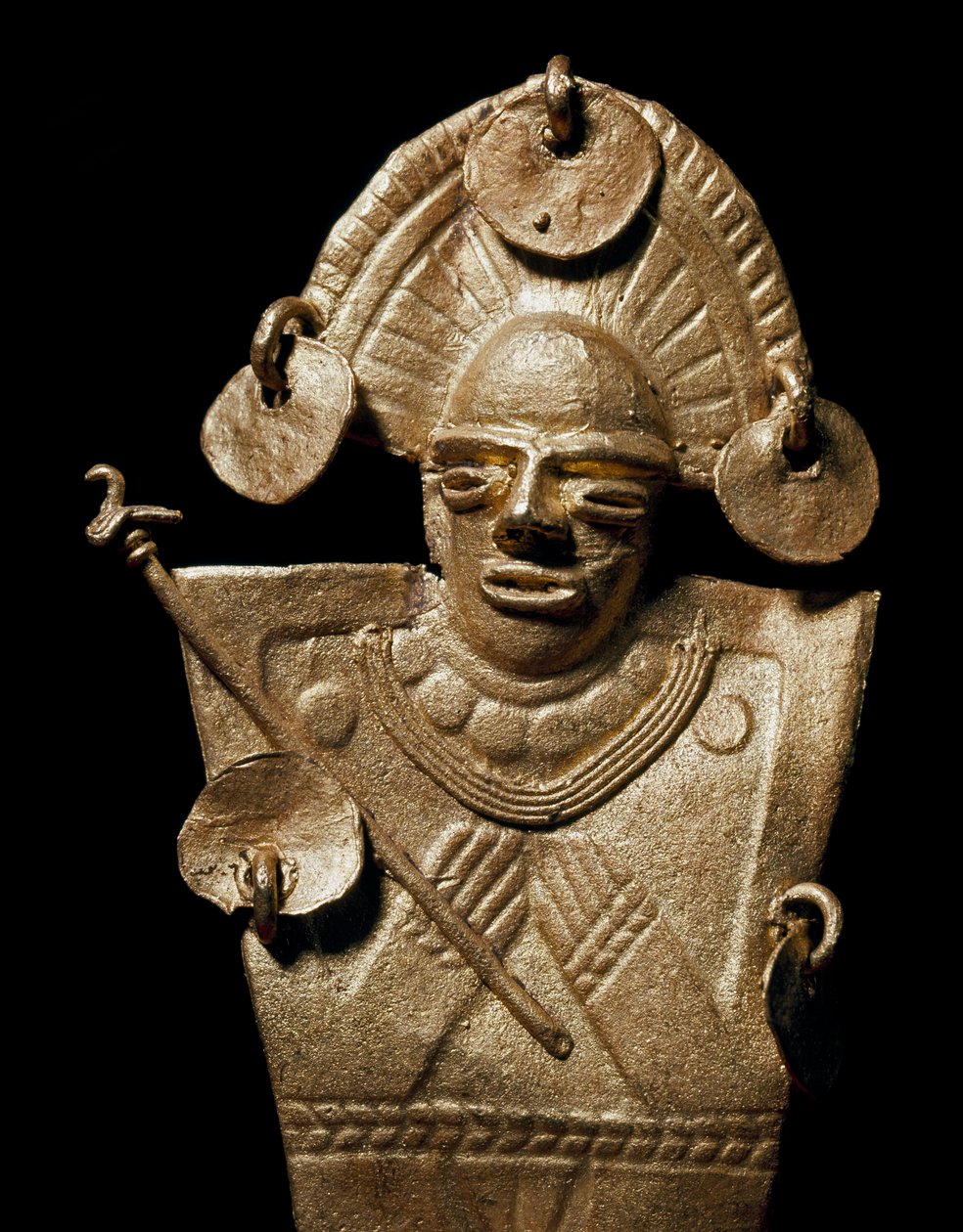 Precolombiansk konst, Muisca civilisation: statyett av kvinna (Tunjo) i guld ceremoniell kostym. 1400-1600-talet. Bogota, Museo de Oro, Colombia - Förcolumbiansk konst, Muisca-kultur (15-17:e e.Kr.): guldstaty av en tunjo, en kvinna som bär en ceremoniell  av Pre Columbian