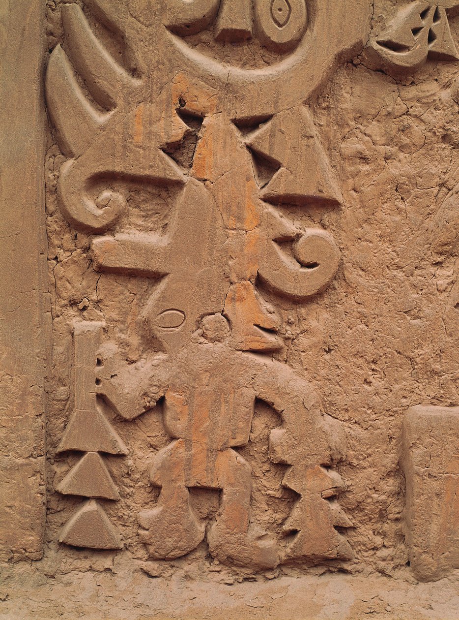 Detalj av relieferna på templet Huaca el Dragon (sten) av Pre Columbian Pre Columbian